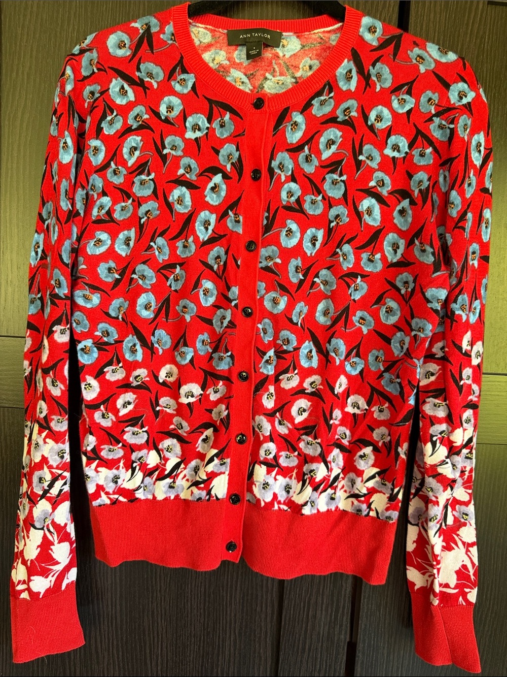 Ann Taylor Red Floral Button-Front Cardigan with Blue Accents